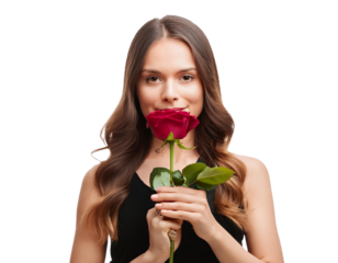 woman with rose in hand isolated on white background, cut out
