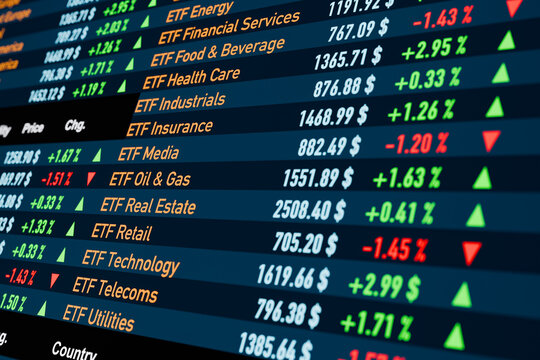 ETF (Exchange Trade Funds) trading sheet with different investment opportunities. Commodity ETF, industry sector  ETF. Banking, savings, stock market and exchange, growth, strategy. 3D illustration