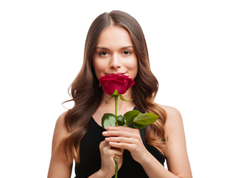 woman with rose in hand isolated on white background, cut out