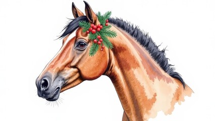 Obraz premium Portrait of a horse with flowers on a white background.