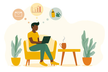 Father on maternity leave working remotely and balancing family life while managing tasks at home