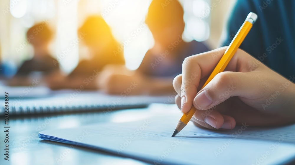 Poster close up of a student's hand writing an exam with a pencil on paper, other students are blurred in t