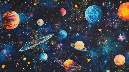 Naklejka premium Vibrant galaxy print showcasing stars, nebulas, and glowing planets in deep space color contrast. Generative AI