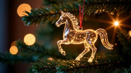 Glowing horse on spruce branches.