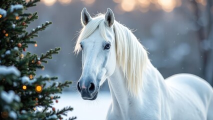 Naklejka premium Portrait of a white horse against the backdrop of a Christmas tree in a snowy forest.