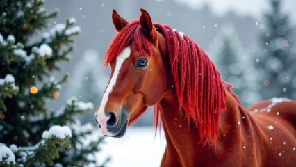 Portrait of a horse with a Christmas tree.