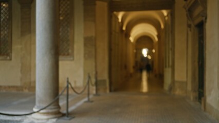 Obraz premium Blurred view of historic campus with defocused columns and intricate architecture creating a serene outdoor atmosphere.