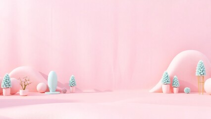 Pastel Pink Minimalist Scene with Decorative Trees and Geometric Shapes