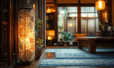 Warm Interior with Paper Lantern and Wooden Furniture with cozy lighting details