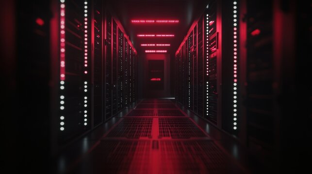 A focused shot of a data center with blinking servers capturing the essence of the backend operations that support digital twin technology with streams of data flowing between assets.