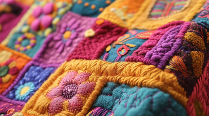 A colorful patchwork quilt with a flower design