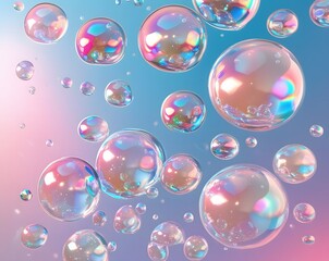 Translucent, colorful bubbles floating on a soft gradient create a whimsical, playful scene.