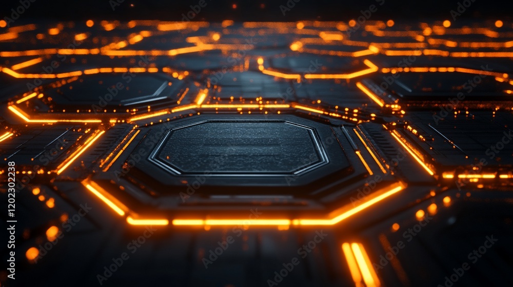 Aufkleber Abstract futuristic tech background with glowing orange lines and dark metallic hexagon pattern.