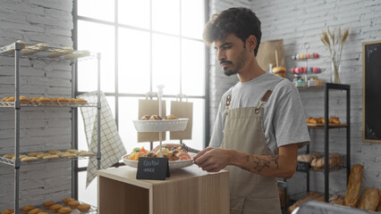 Young hispanic man with beard working in a bakery arranging gluten-free pastries in a tray with baked goods in the background in a bright indoor setting