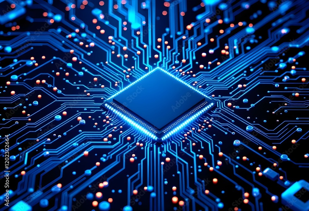 Poster glowing blue microprocessor chip on circuit board with digital pathways. modern computer technology,