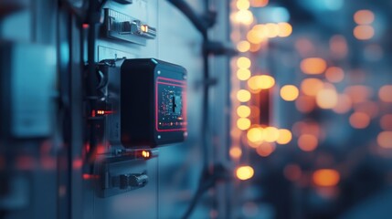 A closeup view of a small cell installation on a factory wall revealing the compact design and mounting mechanisms merged seamlessly with industrial elements.