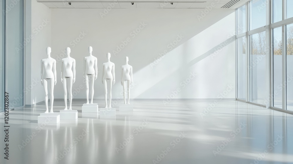 Poster four female mannequins are standing on white podiums of different heights in a bright, empty showroo
