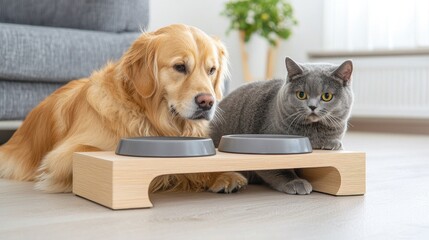 Playful cat and dog sharing meal time together at home pet photography cozy indoor environment heartwarming bond