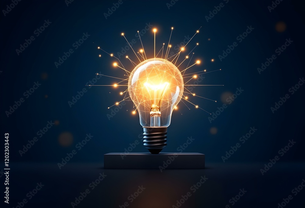 Poster glowing light bulb with bright sparkles on dark blue background. creative innovation concept. busine