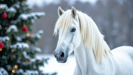 Obraz premium Portrait of a white horse against the backdrop of a Christmas tree in a snowy forest.