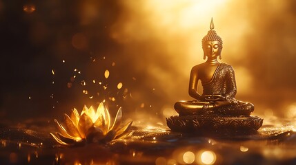 Thai golden buddha statue and lotus flower illuminated by divine mist