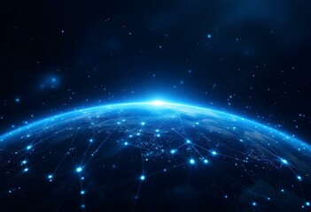 Glowing blue Earth horizon with digital network connections across globe surface. Global technology and communication concept for worldwide business. Space background with stars