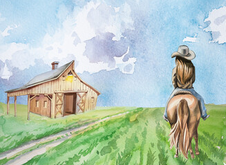 Watercolor hand painted cowgirl and horse clipart isolated on a white background. Wild West design. Ranch concept illustration. Woman and horse painting.