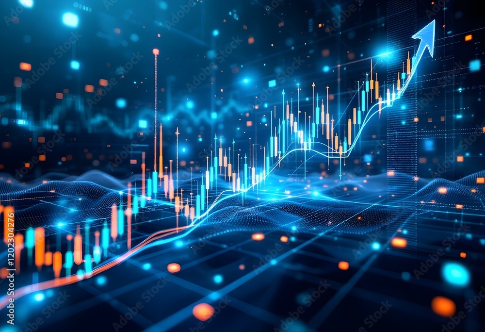 Poster stock market chart rising up with glowing blue particles. digital financial graph showing upward tre