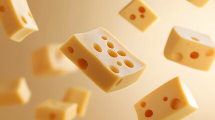 A 3D abstract rendering of floating cheese cubes and slices