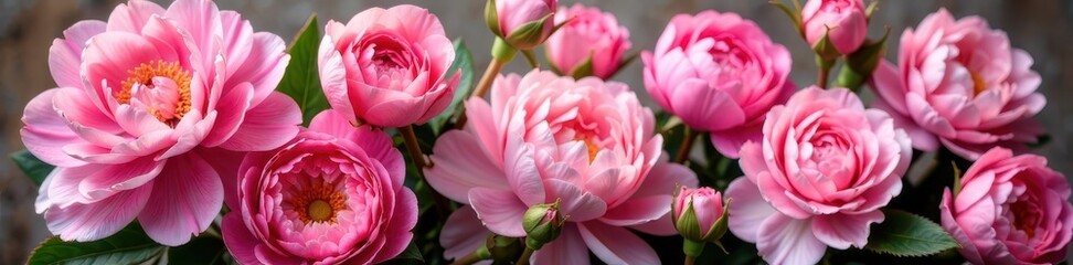 Luscious pink peonies and roses, abundant blooms Plenty of copy space , pastel, delicate