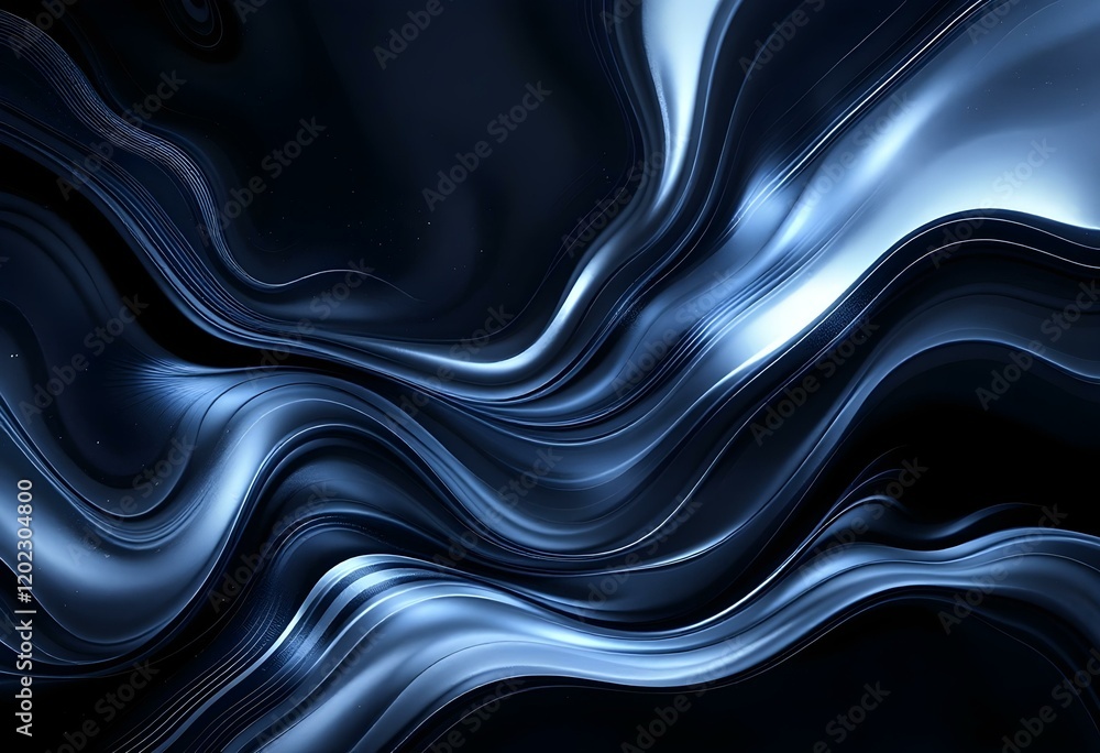 Poster elegant dark blue flowing waves abstract background with metallic shine effect. modern dynamic liqui