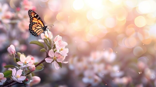 Delicate white flowers bloom on a cherry tree branch as a butterfly gracefully lands among the petals, showcasing the beauty of spring in a sunny environment with soft hues - Powered by Adobe