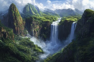 Fototapeta premium Tropical waterfalls surrounded by lush mountains