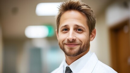 Naklejka premium Healthcare professional portrait hospital corridor image bright environment close-up view trust and compassion