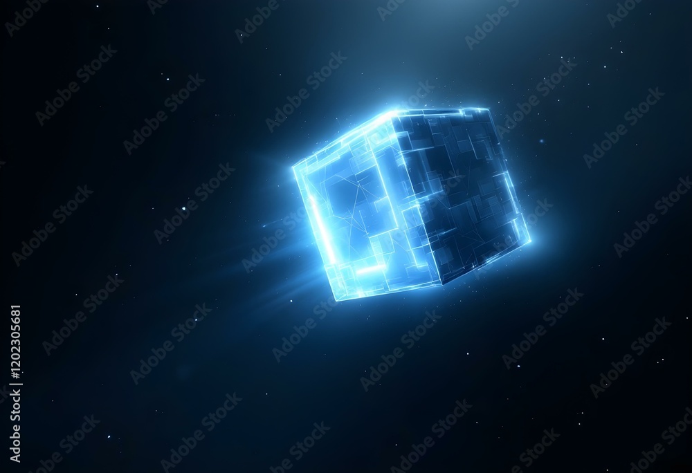 Poster glowing blue cube floating in dark space. futuristic 3d geometric shape with light rays. digital tec