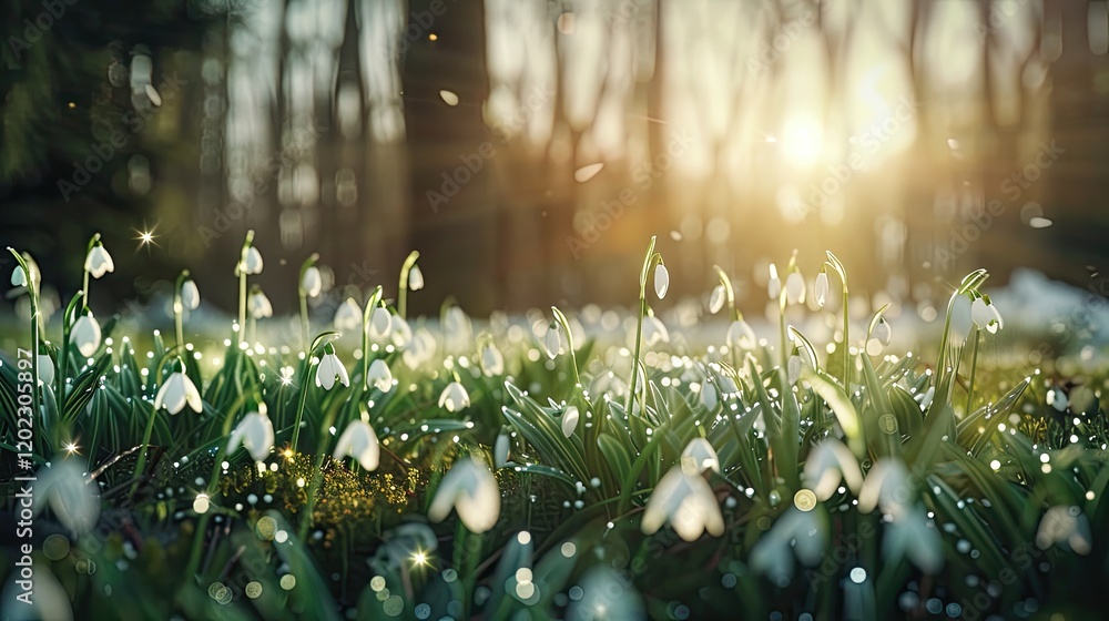 Poster snowdrops bloom in the gentle morning light, creating a serene spring atmosphere. the blurred backgr