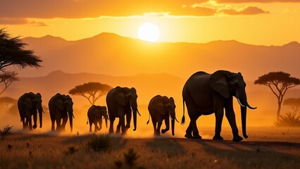 Fototapeta premium A majestic herd of elephants walking across golden African savanna plains at sunset, with warm hues, acacia trees, and distant mountains in the backdrop.