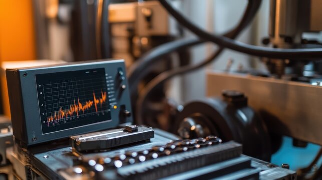A refined angle of a vibration analysis tool resting on a machine with graphical data illustrating abnormal vibrations helping pinpoint potential issues before they escalate.