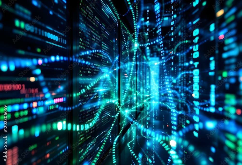 Poster blue digital matrix background with glowing codes and numbers. abstract technology data flow visuali