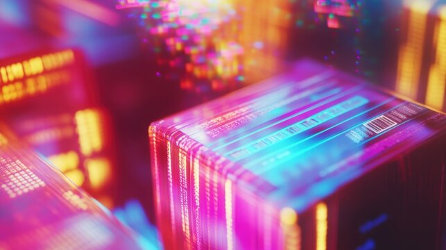 A zoomedin shot of a barcode scanners lens catching reflections from a shiny box accompanied by a floating digital readout showing item status and estimated restock dates.