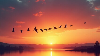 Migratory birds flying in a V-formation against a vivid sunset sky, with warm hues, mirrored reflections on a lake, and a sense of nature's unity.