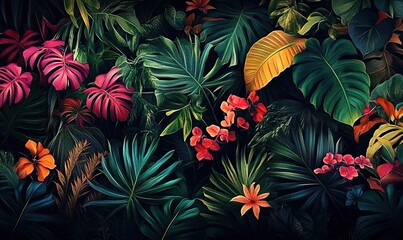 Fototapeta premium A dark jungle with vibrant tropical plants and flowers, leaves in various shapes and sizes