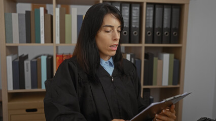 Woman judge reading documents in office showcasing a professional legal setting with shelves of...