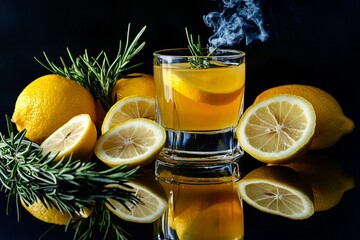 Refreshing lemon drink with aromatic herbs on a dark background during a cozy gathering