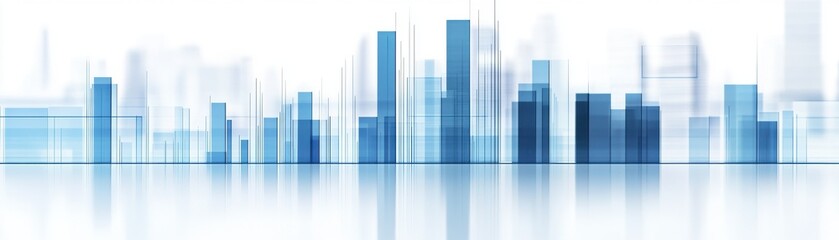 Modern city skyline with abstract blue tones and reflections creating a serene atmosphere.