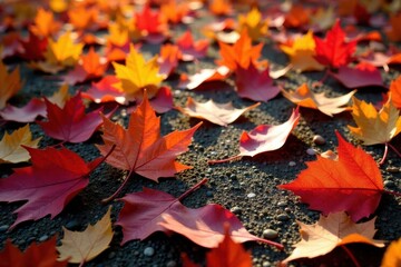 Vibrant red, orange, yellow leaves scattered on ground, leaf litter, garden