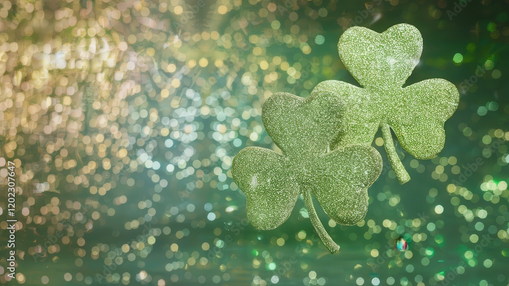 Wall mural Glitter Shamrocks on Shimmering Background