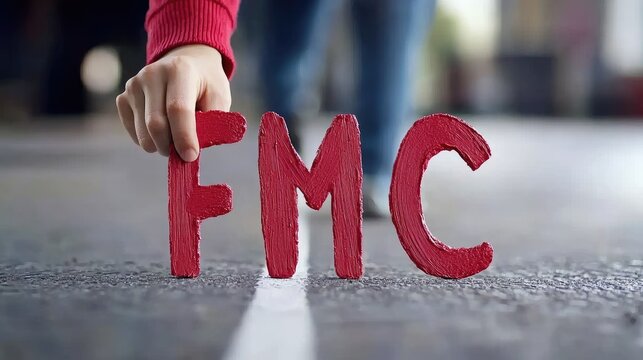 Creative hand positioning fmc letters on pavement urban environment close-up artistic concept for engagement