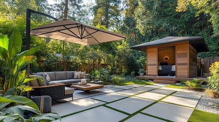 Fototapeta premium A modern backyard with an umbrella, seating area, and flat paver tiles in front of the house, featuring lush greenery and trees for natural beauty. 