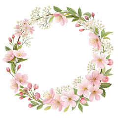 Fototapeta premium Floral Wreath: Delicate pink blossoms and white flowers arranged in a beautiful circular wreath, perfect for spring or wedding themes. The lush greenery adds a touch of elegance. 